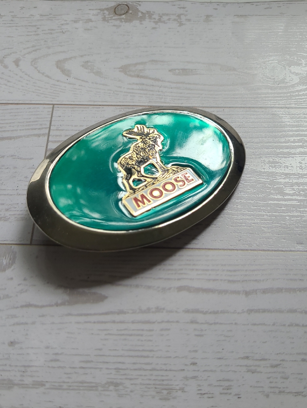 Vintage Moose Belt Buckle MCM Green Enamel, Gold, and Chrome Retro Outdoors